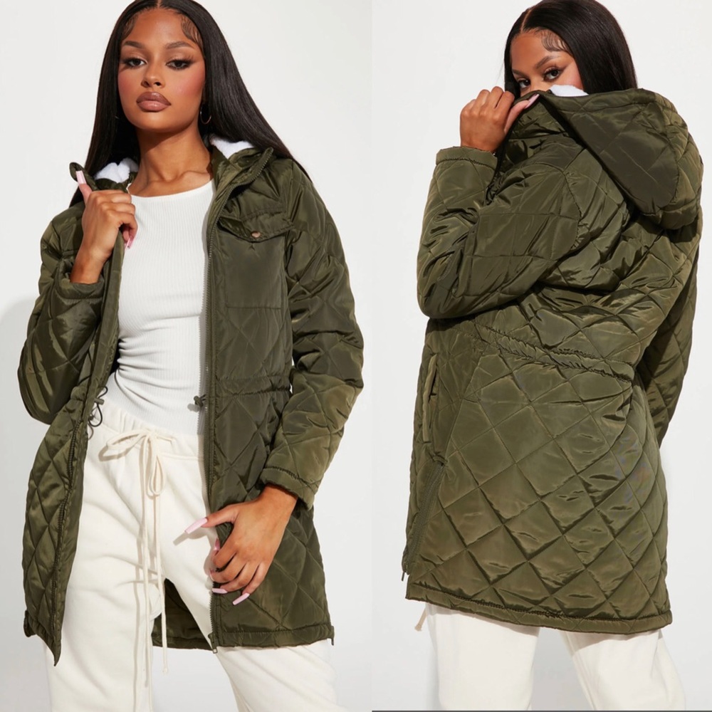 NEW Quilted Hooded All Season Women Jacket Olive Army Green Size Large L